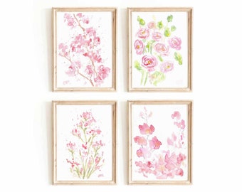 Pastel Pink Floral Set Of 4 Watercolor Print 4 Piece Summer Flower Botanical Printable Wall Art Ranunculus Print Wildflower Instant Download