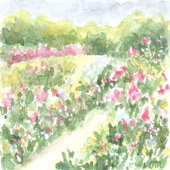 バラ園の水彩画プリント：印象派風の花の風景（デジタルダウンロード