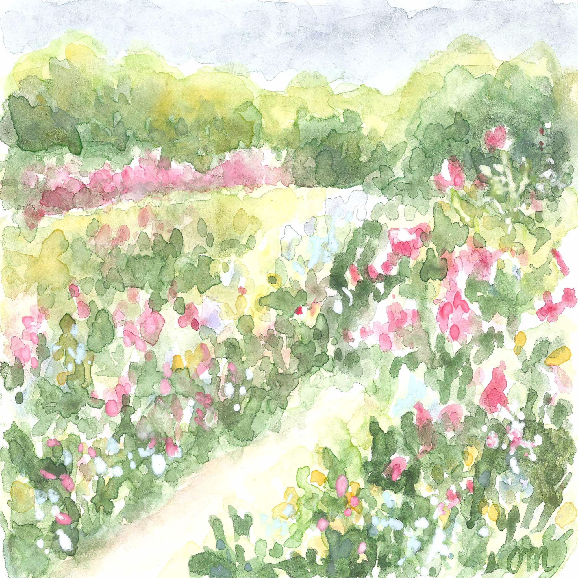 水彩画　ローズガーデンの風景画 ローズガーデンの水彩画：印象派の花の風景画（デジタルダウンロード