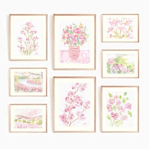 Pastell Rosa Floral Aquarell Bilder Set: Eklektische Galerie Wandkunst (Digitaler Download)