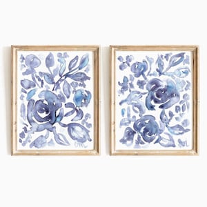 Indigo Blaue Pfingstrose Blume 2er Set Aquarell Digitale Drucke Marineblau Blumenmalerei 2 Stück druckbare Wandkunst 2 Stück botanische Instant Download