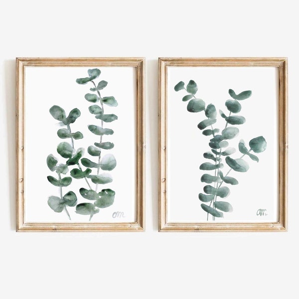 Minimalist Set Of 2 Botanical Watercolor Print 2 Piece Eucalyptus Branch Printable Wall Art Eucalyptus Leaves Greenery Instant Download