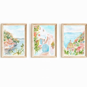 Set Of 3 Italy Watercolor Prints 3 Piece Amalfi Italy Mediterranean Seascape Printable Wall Art Portofino Italian Coast Instant Download