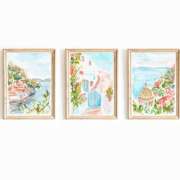 Lot de 3 impressions aquarelle Italie 3 pièces Amalfi Italie paysage marin méditerranéen Art mural imprimable Portofino côte italienne Téléchargement immédiat