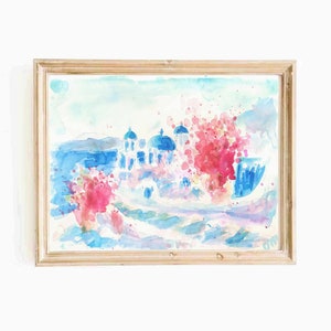 Santorini Watercolor Printable Wall Art Greece Painting Mediterranean Summer Landscape Travel Print Greek Island Instant Download