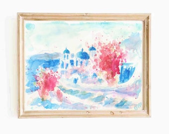 Santorini Watercolor Print: Greece Summer Landscape Wall Art (Digital Download)