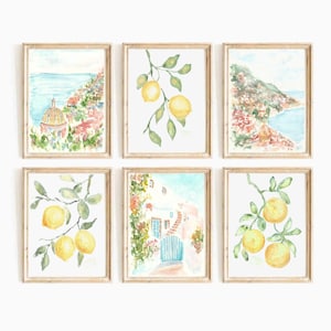 Set Of 6 Amalfi Italian Coast Watercolor Prints Italy Lemons Print Mediterranean Seascape Printable Wall Art Lemon Fruit Instant Download