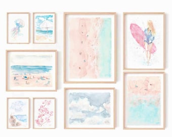 Coastal Beach Watercolor Print Set: Pink Blue Hawaiian Wall Art (Digital Download)