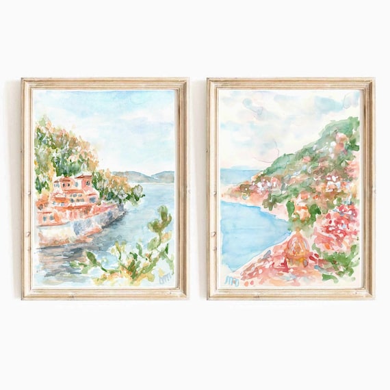 Italian Coast Watercolor Print Set: Amalfi & Portofino Wall Art (Digital Download)