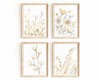Botanical Watercolor Print Set: Beige Floral Cottagecore Wall Art (Digital Download)