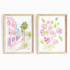 Pastel Pink Ranunculus Flower Set Of 2 Watercolor Print 2 Piece Charleston Rainbow Row Printable Wall Art Girly Floral Instant Download