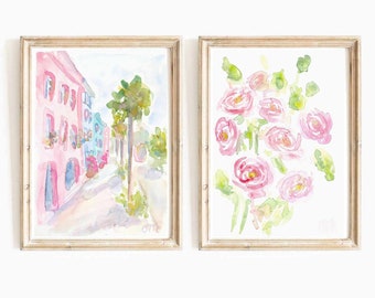 Pastel Pink Ranunculus Watercolor Print Set: Charleston Rainbow Row Art (Digital Download)