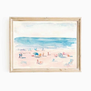 Pastelkleurige strandaquarelprint: zomerzeegezicht (digitale download)