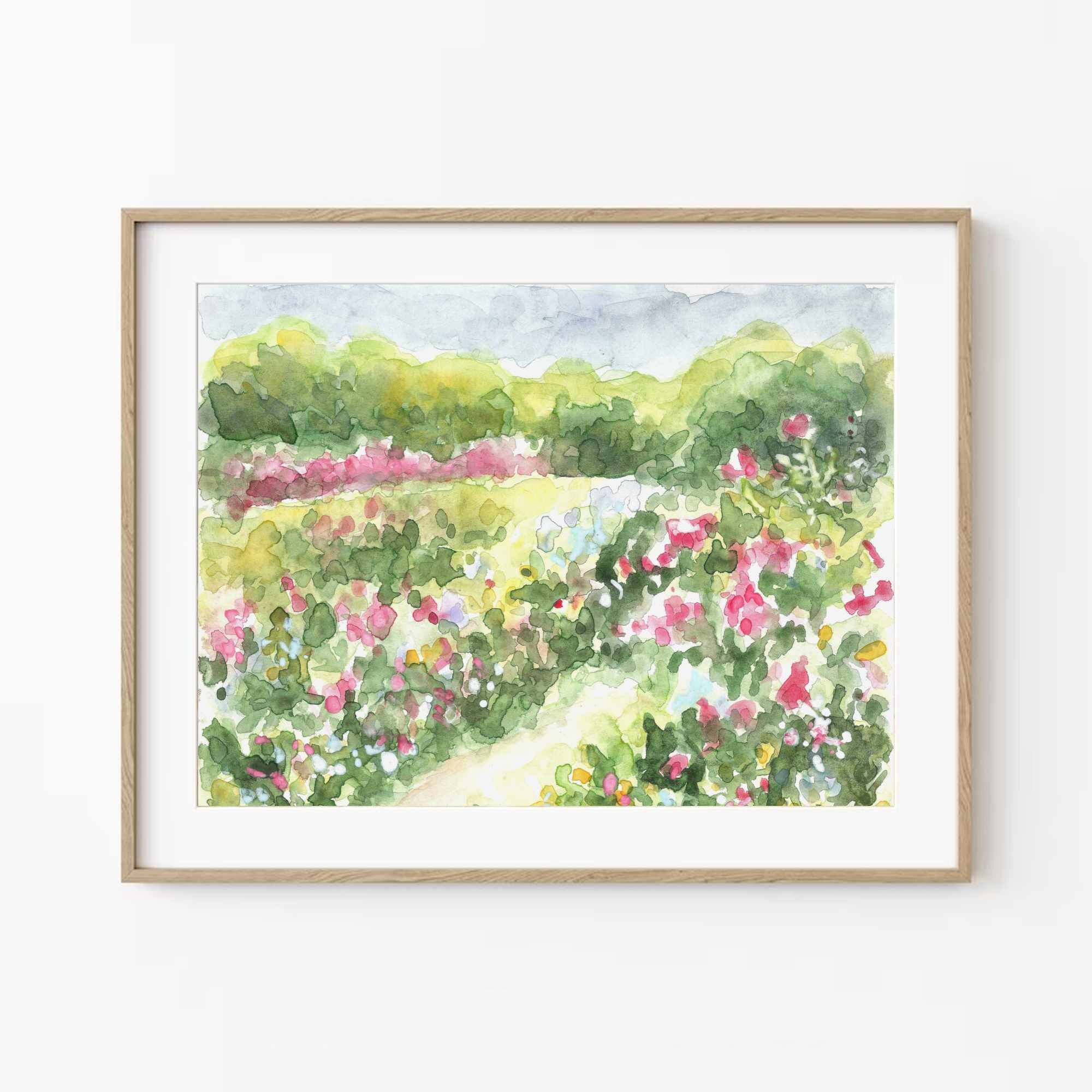バラ園の水彩画プリント：印象派風景画（デジタルダウンロード
