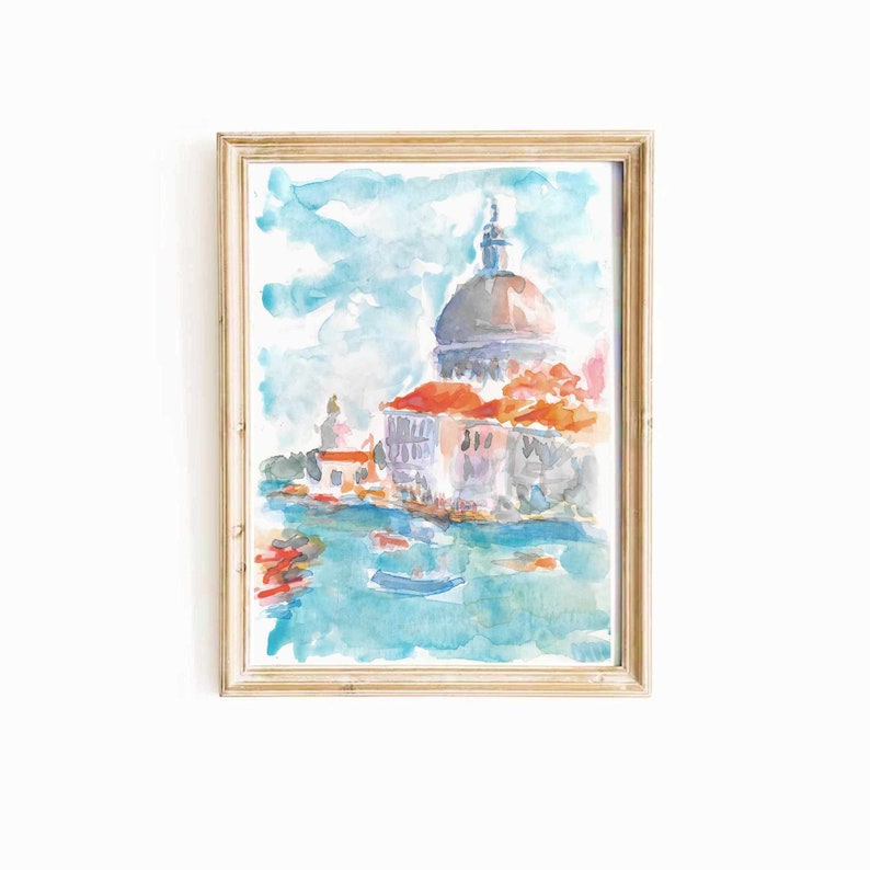 May include: Watercolor painting of a building with a dome, surrounded by water and boats. The building is painted in shades of pink, orange, and white, with a blue sky and clouds in the background.