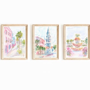 Set Of 3 Charleston South Carolina Pastel Pink Watercolor Print Rainbow Row Printable Art Pineapple Fountain Church Street Instant Download