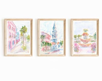 Set Of 3 Charleston South Carolina Pastel Pink Watercolor Print Rainbow Row Printable Art Pineapple Fountain Church Street Instant Download