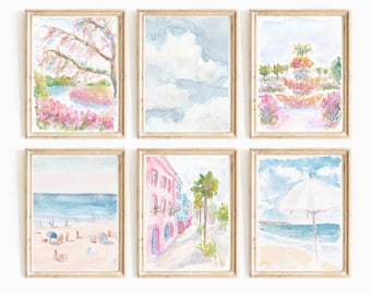 Pastel Pink Charleston Rainbow Row Watercolor Print Set: Coastal Preppy Wall Art (Digital Download)
