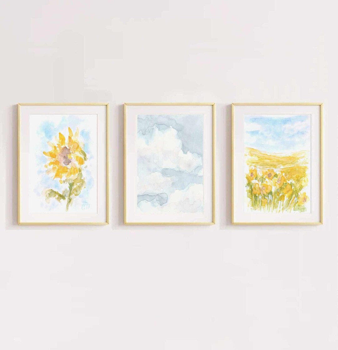 Pastel Yellow Flower Print Set of 3 Sunflower Watercolor Print 3 Piece ...