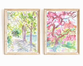 Colorful Set Of 2 Summer Garden Trees Watercolor Digital Print Pink Green Trees Nature Landscape Printable Wall Art Forest Instant Download