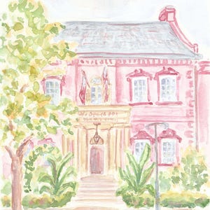 May include: A watercolor painting of a pink house with a white roof and a porch. The house has two windows on each side of the porch and a door in the center. There are green bushes and trees in front of the house.