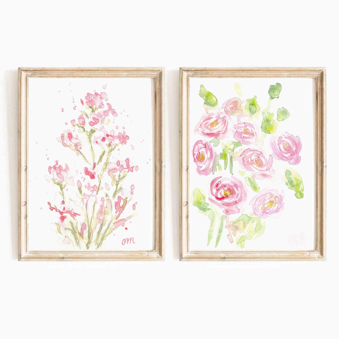 Pastel Pink Floral Watercolor Print Set: Girly Pink Flower Wall Art ...
