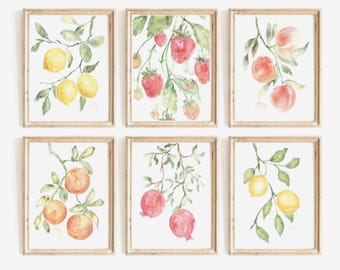 Set aquarel zomerfruit: preppy kleurrijke keukenmuurkunst (digitale download)