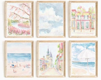 Conjunto de 6 impresiones de acuarela estilo preppy de Nueva Orleans, Luisiana, en rosa pastel, escena de playa, descarga instantánea, arte imprimible de NOLA, impresión costera en azul pastel