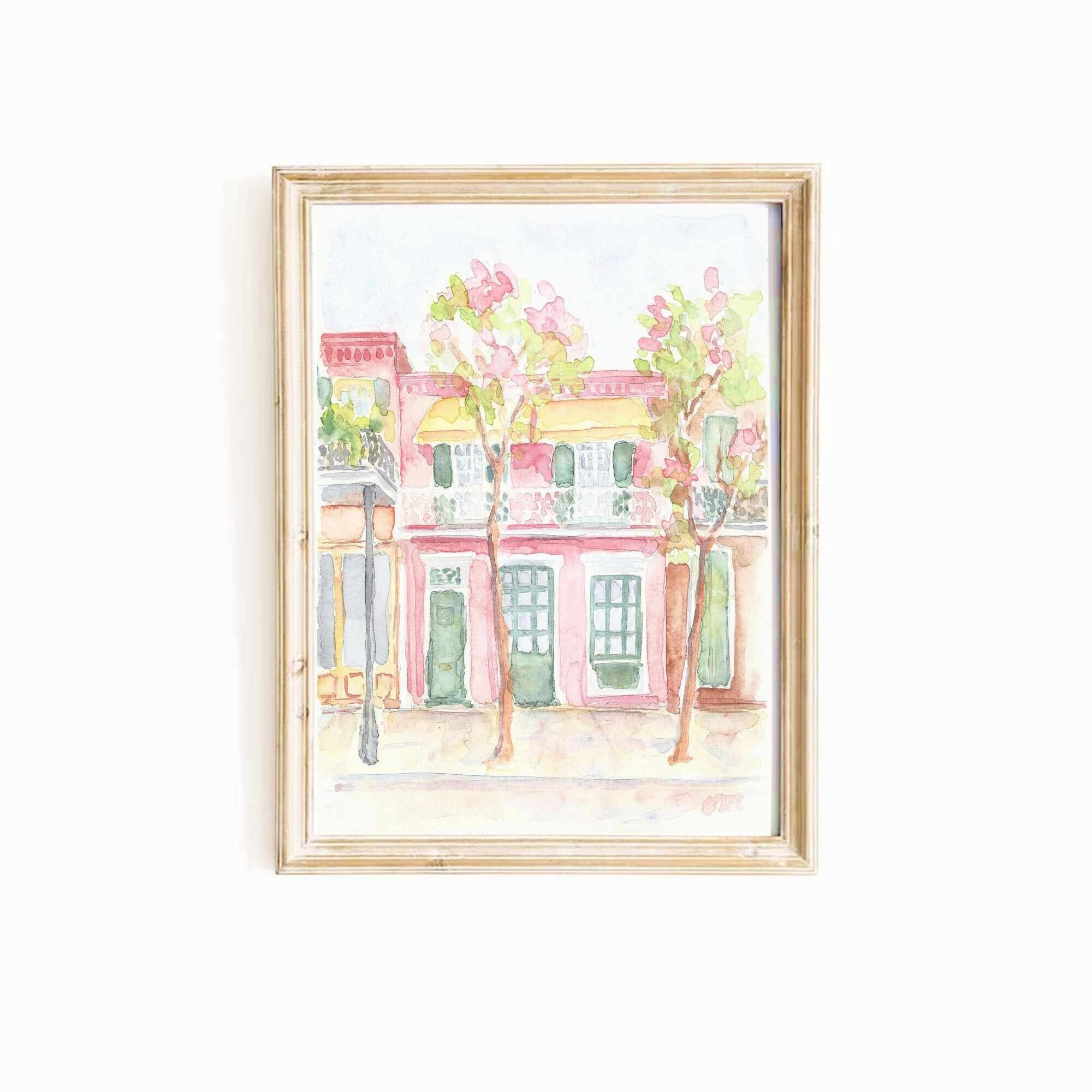 Impresión digital en acuarela de Nueva Orleans, Luisiana, color rosa pastel, distrito del Barrio Francés, descarga instantánea, impresión NOLA, arte de pared imprimible con casa rosa