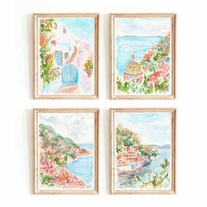 Set Of 4 Italy Watercolor Prints Amalfi Coast Mediterranean Seascape Printable Wall Art Portofino Italian Coast Positano Instant Download