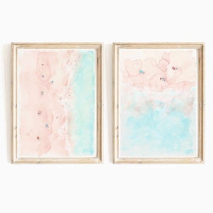 Set Of 2 Pastel Aerial Beach Scene Watercolor Digital Print Hawaii Island Seascape Printable Wall Art Hawaiian Coast Ocean Instant Download