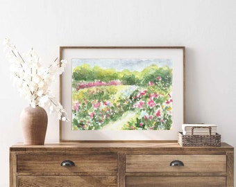 バラ園の水彩画プリント：印象派風景画（デジタルダウンロード