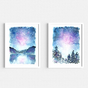 Set Of 2 Galaxy Watercolor Digital Prints Celestial Printable Wall Art Navy Blue Purple Print Starry Sky Printable Wall Art Instant Download