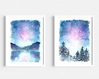 Galaxy Watercolor Print Set: Celestial Starry Sky Wall Art (Digital Download)