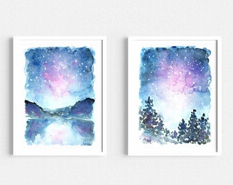 Set Of 2 Galaxy Watercolor Digital Prints Celestial Printable Wall Art Navy Blue Purple Print Starry Sky Printable Wall Art Instant Download