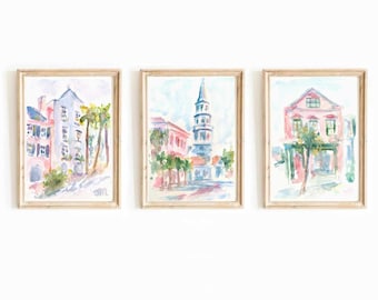 Pastel Pink Set Of 3 Charleston South Carolina Watercolor Prints Rainbow Row Print Church Street Printable Art Pink House Instant Download