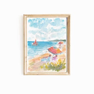 May include: A watercolor painting of a beach scene with people relaxing under colorful umbrellas. A sailboat with a red sail is in the distance on the blue water.