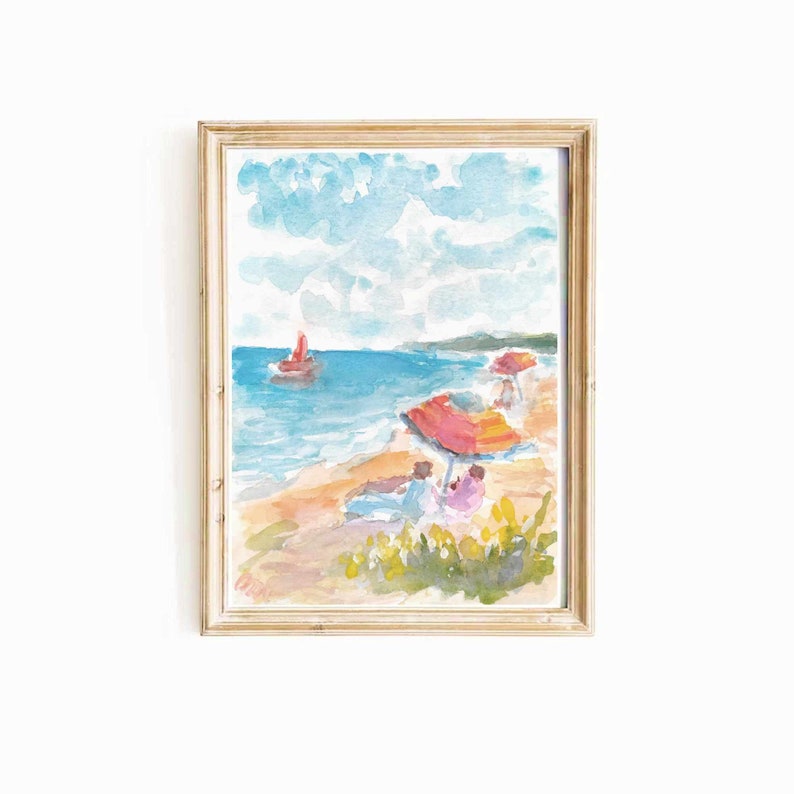 May include: A watercolor painting of a beach scene with people relaxing under colorful umbrellas. A sailboat with a red sail is in the distance on the blue water.