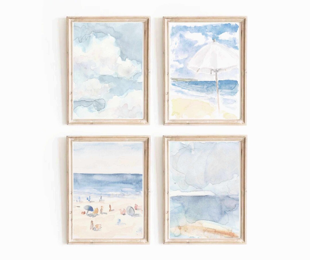 Pastel Blue Summer Set of 4 Coastal Beach Scene Watercolor Print