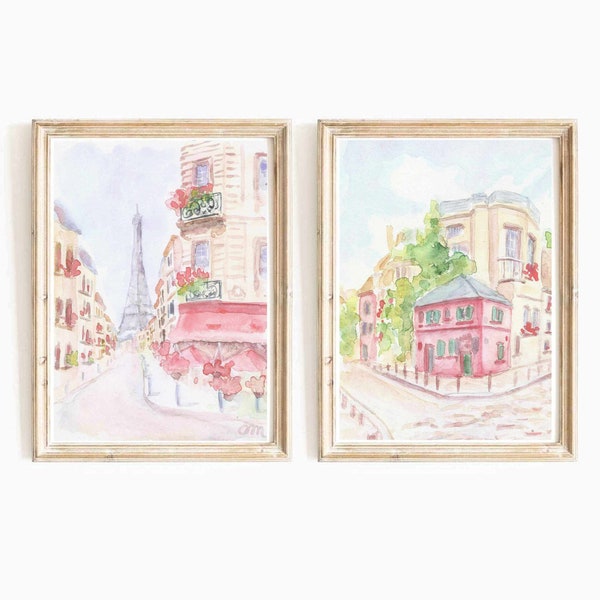 Pastel Pink Paris Watercolor Digital Print Set of 2 Eiffel Tower Instant Download Parisian Cafe Print Set France Travel Printable Wall Art