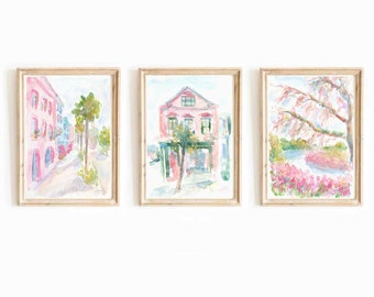 Charleston Rainbow Row Watercolor Print Set: Pastel Pink Preppy Wall Art (Digital Download)