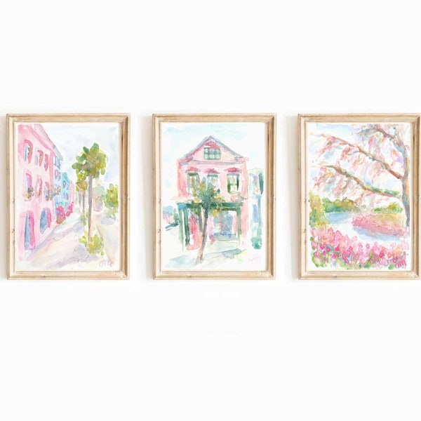 Pastel Pink Set Of 3 Charleston South Carolina Watercolor Print Rainbow Row Printable Wall Art Pastel Pink House Cafe Instant Download