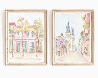 Conjunto de 2 impresiones en acuarela de Nueva Orleans, Luisiana, en color rosa pastel, distrito del Barrio Francés de NOLA, descarga instantánea, arte imprimible de la catedral de San Luis
