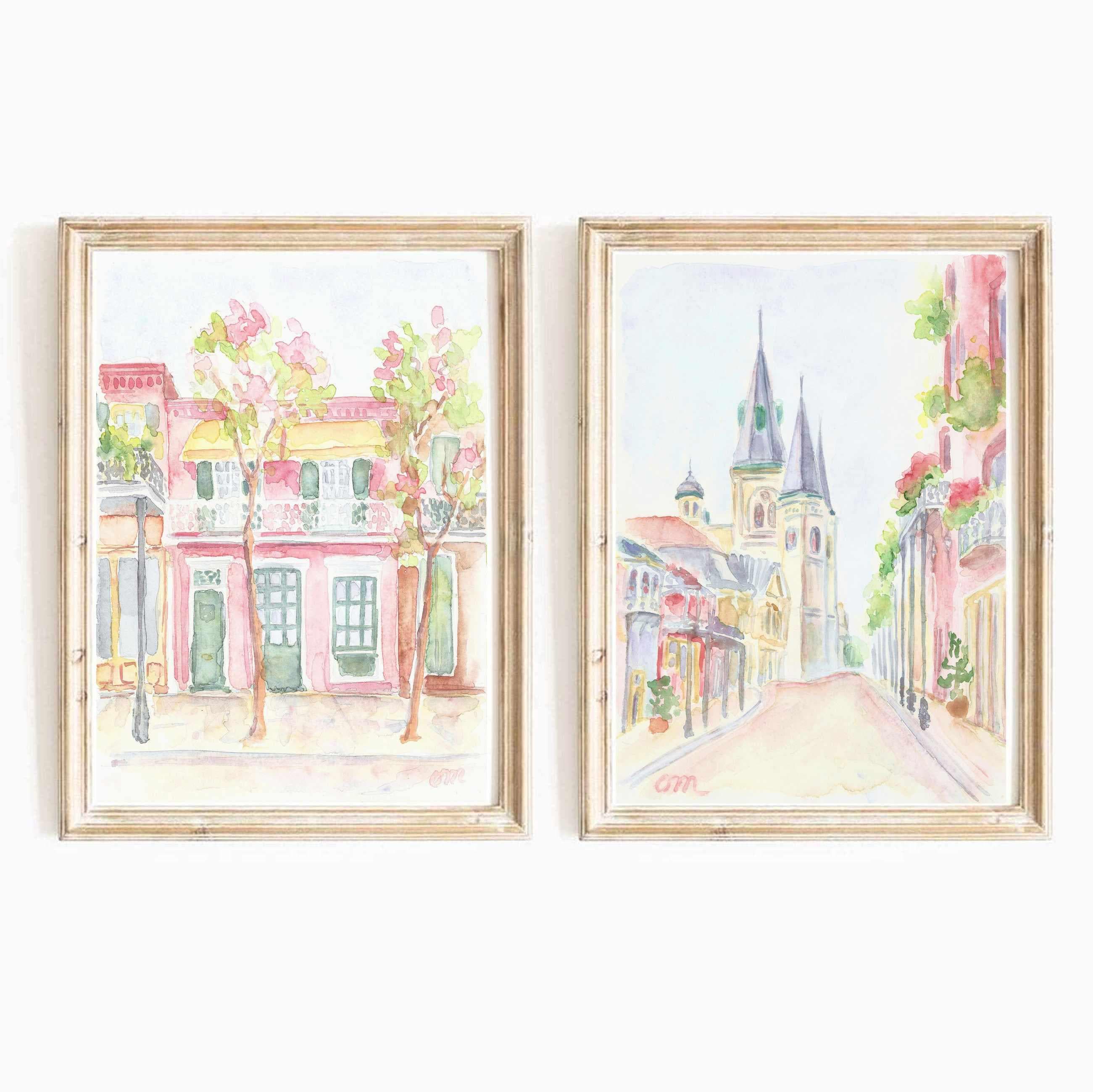 Pastel Pink New Orleans Watercolor Print Set: French Quarter & St Louis Cathedral Louisiana Wall Art (Digital Download)