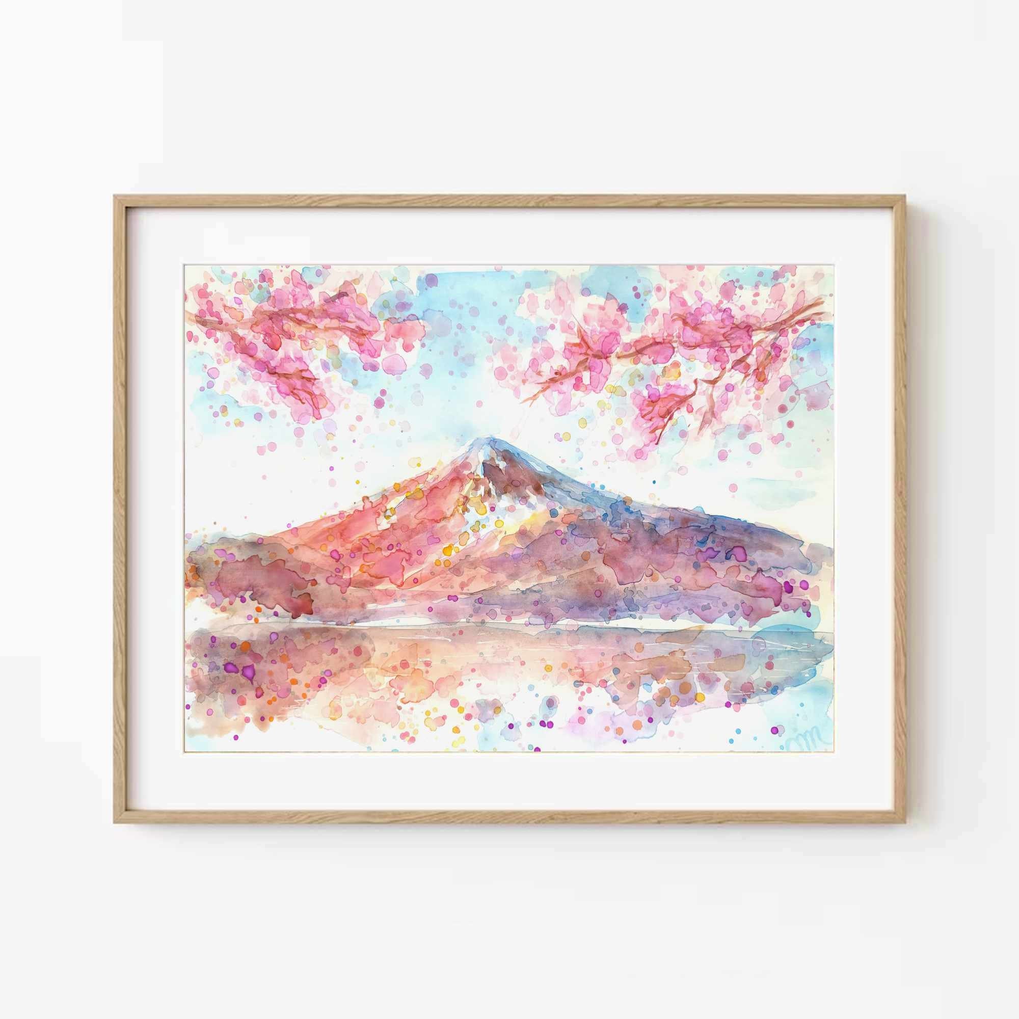 富士山水彩画プリント：日本の風景、桜（デジタルダウンロード