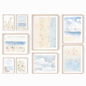 Pastel Blue Set Of 9 Aerial Beach Neutral Watercolor Gallery Wall Set Hawaii Coastal Printable Wall Art Ocean Coast Print Instant Download