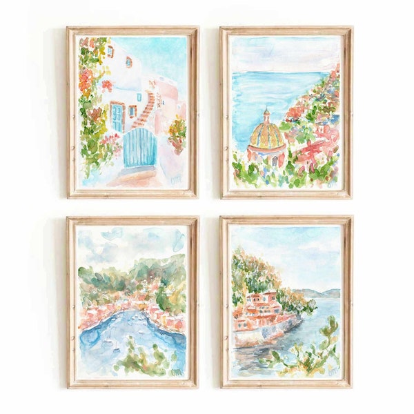 Set Of 4 Italian Coast Watercolor Print Amalfi Italy Mediterranean Seascape Printable Wall Art Portofino Landscape Positano Instant Download