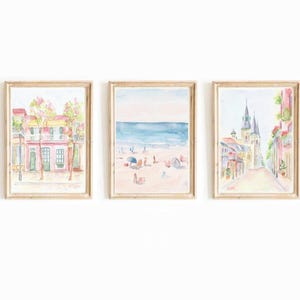 Conjunto de 3 impresiones en acuarela de Nueva Orleans, Luisiana, en color rosa pastel, con escena de playa, descarga instantánea, arte de pared imprimible de NOLA, impresión costera en azul pastel