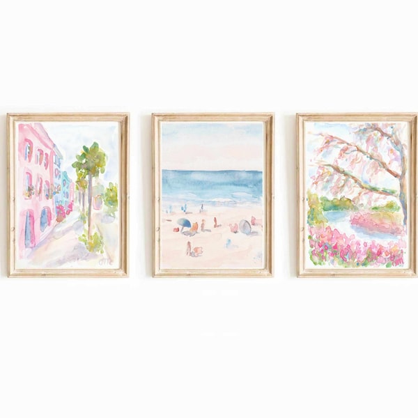 Juego de láminas de acuarela de la playa de Charleston en color rosa pastel: decoración costera de estilo preppy para el hogar (descarga digital)