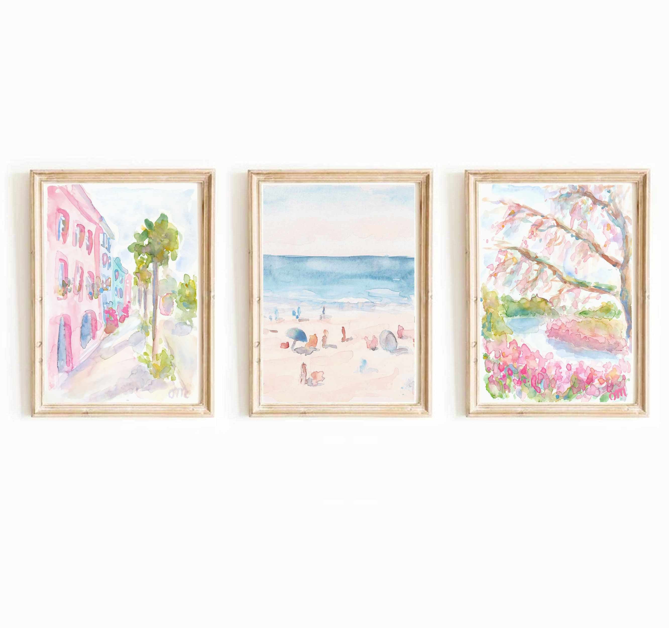 Pastel Pink Blue Charleston South Carolina Set Of 3 Watercolor Print Preppy Girly Decor Printable Wall Art Coastal Beach Instant Download